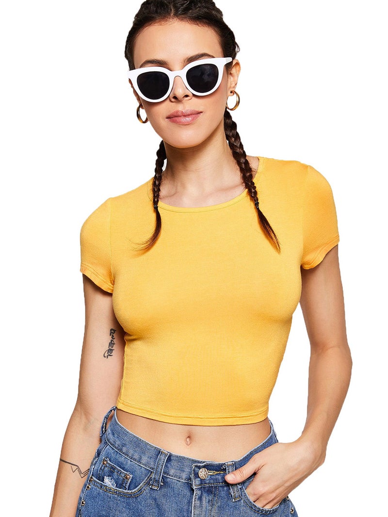 SweatyRocks Women's Basic Short Sleeve Scoop Neck Crop Top Yellow Medium - Image 1